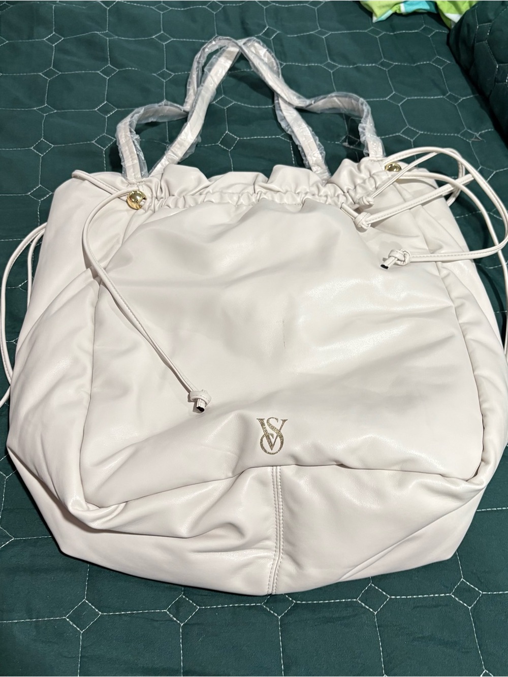 Victoria's Secret Cream Drawstring Tote with Gold Logo